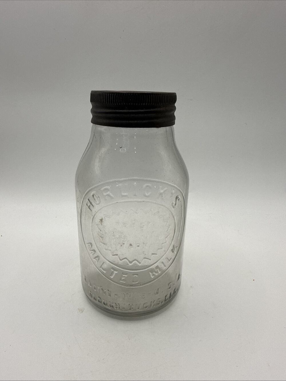 vintage Horlicks Malted Milk Glass Bottle Metal Lid